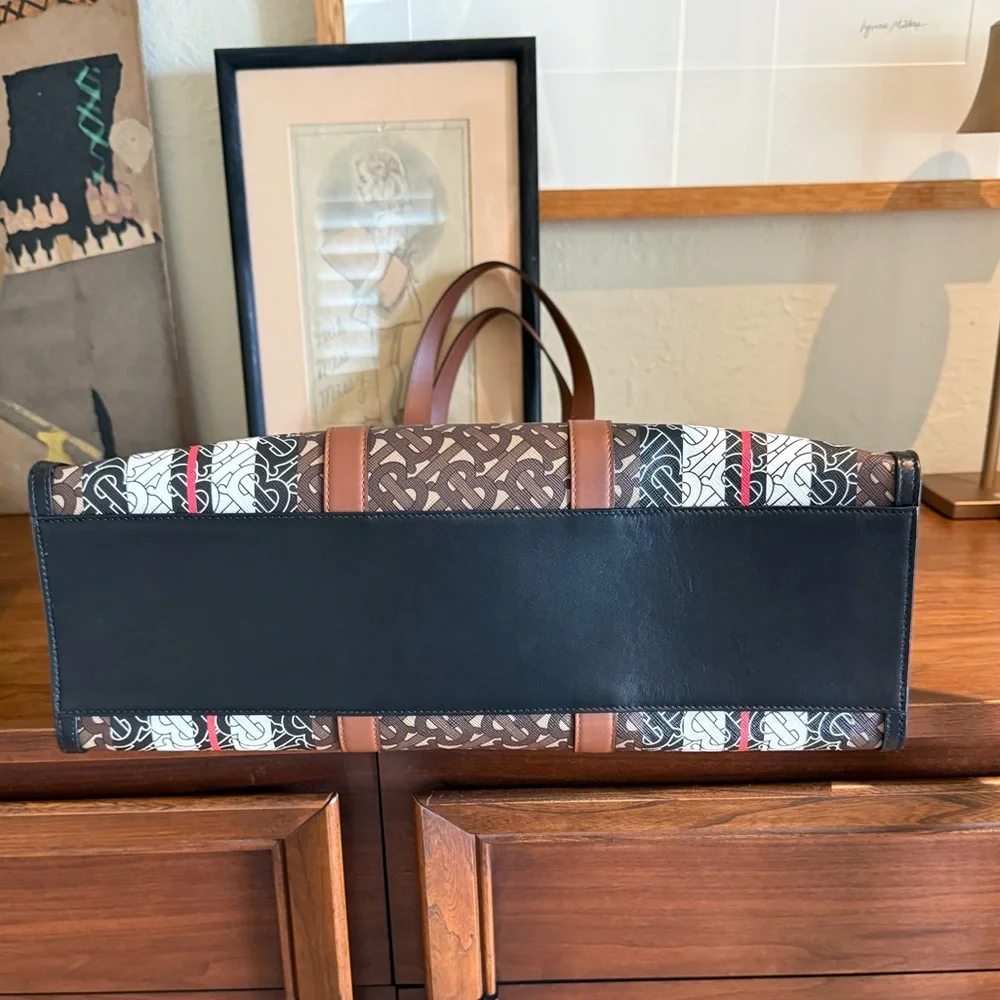 Burberry Brown Monogram Stripe Canvas Tote with White and Red Accents